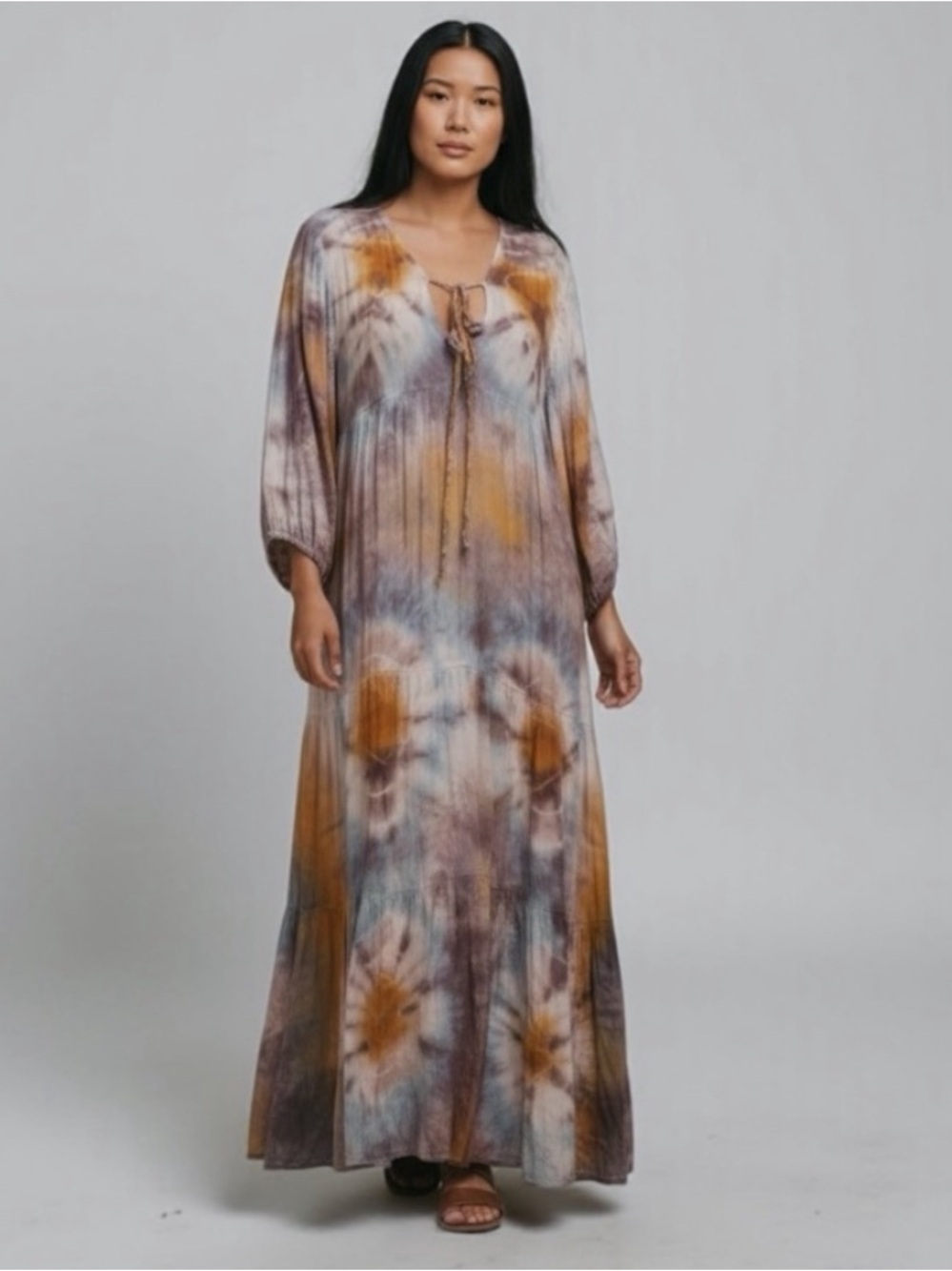 #13)  Young Fabulous & Broke Tie-Dye Maxi Dress in Mustard, Gray & Purple